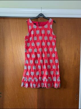Talbots  Red Blue Sleeveless Embroidered Shift Dress Cotton Size 12 Summer Sprin